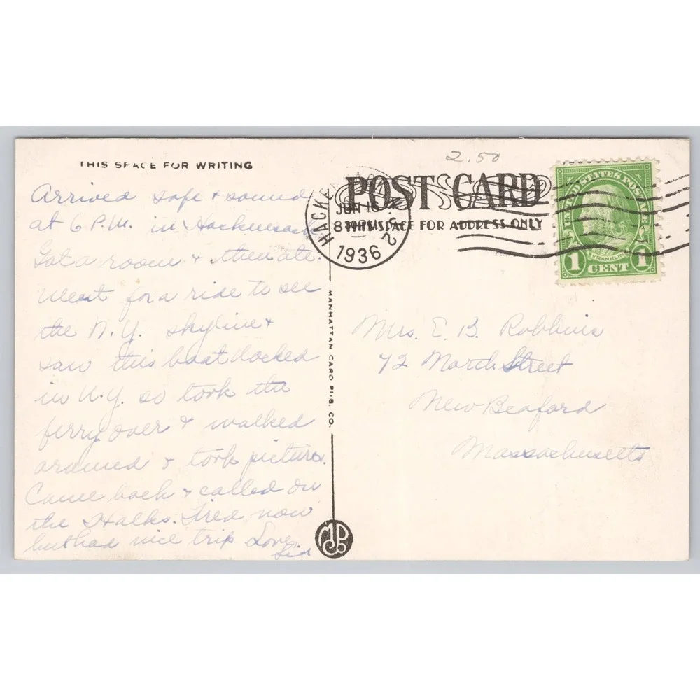 Vintage Postcard SS Normandie New‎ York Skyline Aerial Explorations Inc NYC 1936